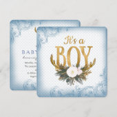 Jongens Antler Baby shower blauw en goud Kaart (Voorkant / Achterkant)
