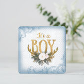 Jongens Antler Baby shower blauw en goud Kaart (Staand voorkant)