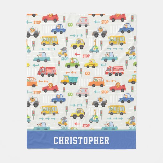Jongens auto's met roltrap met naam fleece deken (Voorkant)