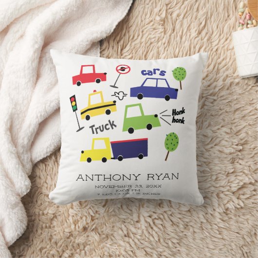 Jongens Auto's & Vrachtwagens Baby Geboorte Stats  Kussen (Deken)