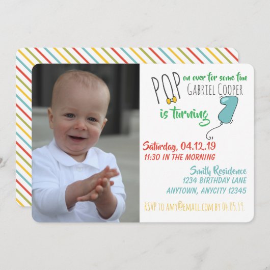 Jongens Ballon 1e verjaardag Uitnodiging - Downloa (Voorkant / Achterkant)