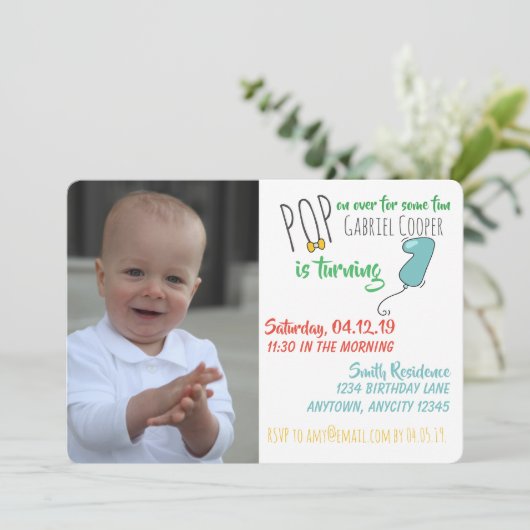 Jongens Ballon 1e verjaardag Uitnodiging - Downloa (Staand voorkant)