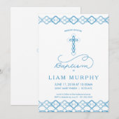 Jongen's Baptism Uitnodiging - Fancy Blauw Kruis - (Voorkant / Achterkant)