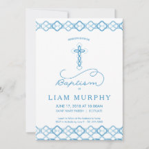 Jongen's Baptism Uitnodiging - Fancy Blauw Kruis -