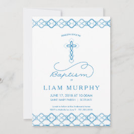 Jongen's Baptism Uitnodiging - Fancy Blauw Kruis -