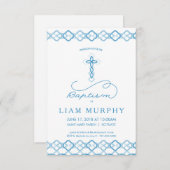 Jongen's Baptism Uitnodiging - Fancy Blauw Kruis (Voorkant / Achterkant)