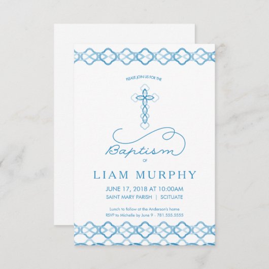 Jongen's Baptism Uitnodiging - Fancy Blauw Kruis (Voorkant / Achterkant)