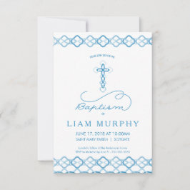 Jongen's Baptism Uitnodiging - Fancy Blauw Kruis