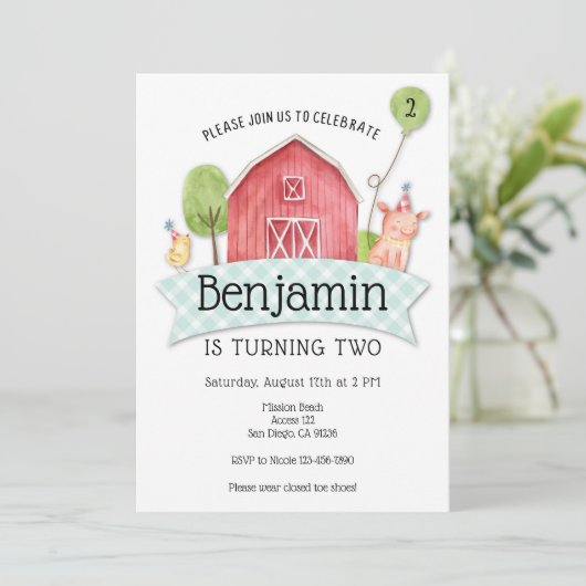 Jongens Barnyard 1e verjaardag uitnodiging (Staand voorkant)