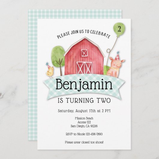 Jongens Barnyard 1e verjaardag uitnodiging (Voorkant / Achterkant)