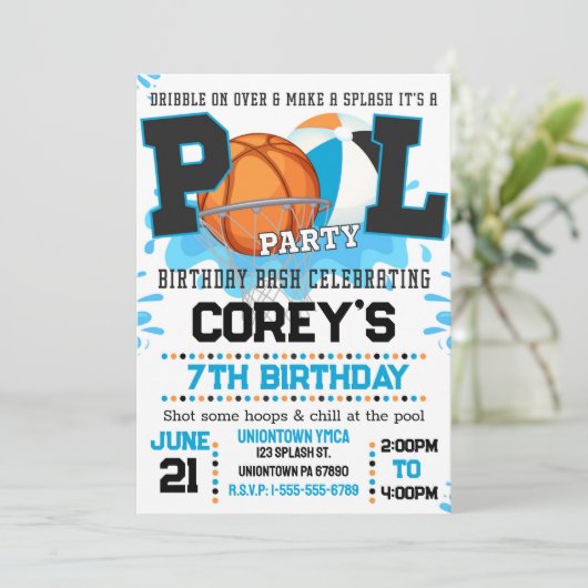 Jongens Basketbal Pool Party Uitnodiging (Staand voorkant)