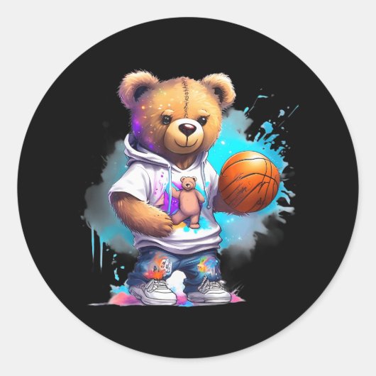 Jongens Basketbal Teddy Bear Ronde Sticker (Voorkant)