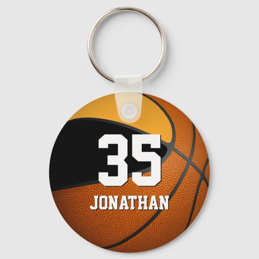 jongens basketbal, zwart en gouden teamkleuren sleutelhanger (Voorkant)