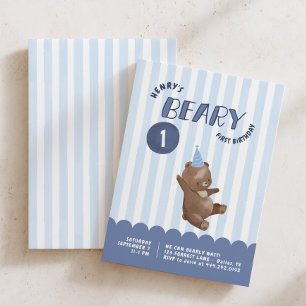 Jongens Beary 1e verjaardag Whimsical Blauwe Stree Kaart