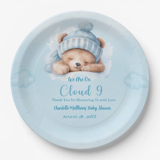 Jongens Beer Beer Cloud Negen 9 Baby shower Papieren Bordje (Voorkant)