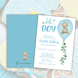 Jongens Beer Blauwe Ballon Eucalyptus Baby shower Kaart
