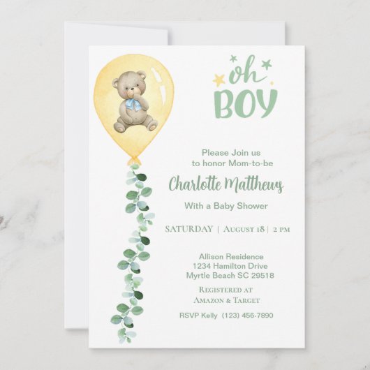Jongens Beer gele ballon eucalyptus Baby shower Kaart (Voorkant)
