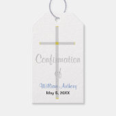 Jongen's bevestiging Dank je zilveren kruis blauw Cadeaulabel (Voorkant)