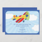 Jongen's Birthday Invitation Cute Airplane Kaart (Voorkant / Achterkant)