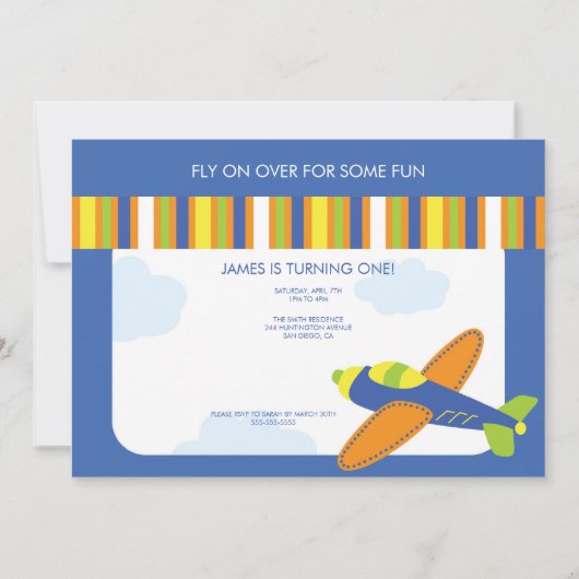 Jongen's Birthday Invitation Cute Blue Airplane Kaart (Voorkant)