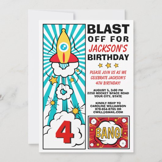 Jongen's 'Birthday Party Rocket Space Ship Blast o Kaart (Voorkant)