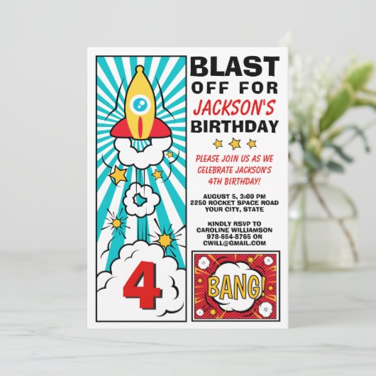 Jongen's 'Birthday Party Rocket Space Ship Blast o Kaart (Staand voorkant)