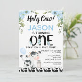 Jongens Blauw Bloemen Heilige Koe Koe Print 1e Ver Kaart (Staand voorkant)