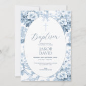 Jongens Blauw  Bloemen Toile Doop Kaart (Voorkant)