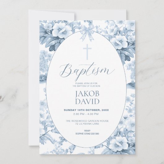 Jongens Blauw  Bloemen Toile Doop Kaart (Voorkant)