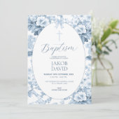 Jongens Blauw  Bloemen Toile Doop Kaart (Staand voorkant)