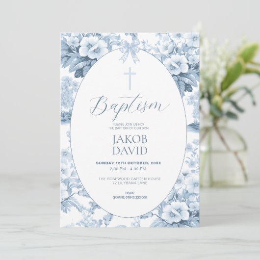 Jongens Blauw  Bloemen Toile Doop Kaart (Staand voorkant)