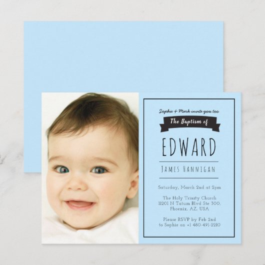 Jongens blauw eenvoudig, doop uitnodiging (Voorkant / Achterkant)