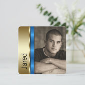 Jongens blauw en goud foto afstuderen aankondiging (Staand voorkant)