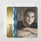 Jongens blauw en goud foto afstuderen aankondiging (Voorkant)