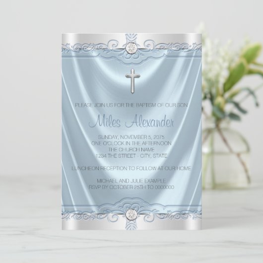 Jongens Blauw en Grijs Doopsel Kaart (Staand voorkant)