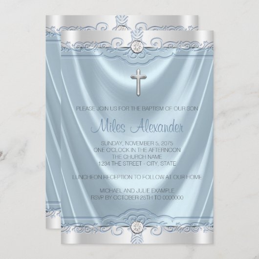 Jongens Blauw en Grijs Doopsel Kaart (Voorkant / Achterkant)