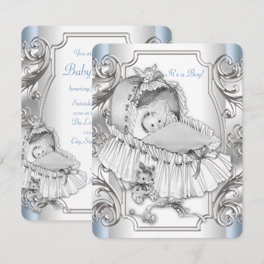 Jongens blauw en zilver Baby shower Kaart (Voorkant / Achterkant)