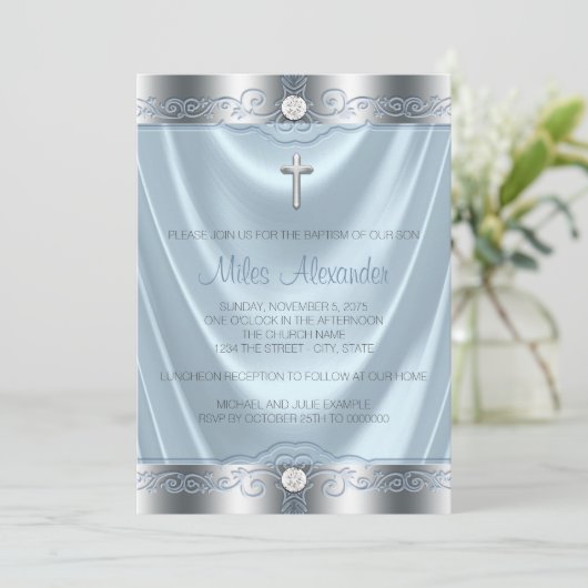 Jongens Blauw en Zilver Doop Kaart (Staand voorkant)