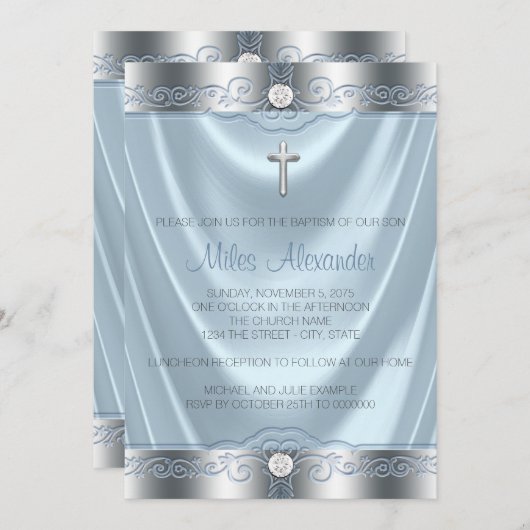 Jongens Blauw en Zilver Doop Kaart (Voorkant / Achterkant)