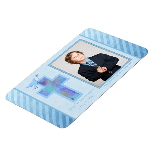 Jongens Blauw Gestreept 1e Heilige Communie Foto M Magneet (Linkerzijde)