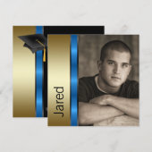 Jongens Blauw Goud Afstudeeraankondigingen Kaart (Voorkant / Achterkant)