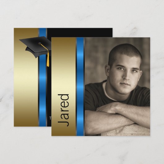 Jongens Blauw Goud Afstudeeraankondigingen Kaart (Voorkant / Achterkant)