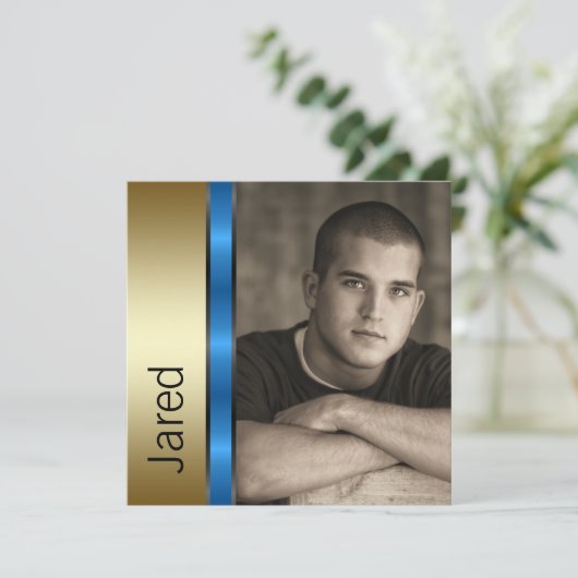 Jongens Blauw Goud Afstudeeraankondigingen Kaart (Staand voorkant)