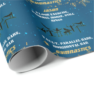 Jongens Blauw Goud Winter Turnen Gepersonaliseerd Cadeaupapier