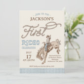 Jongens Blauw Grijs Bruin Eerste Rodeo 1e Verjaard Kaart (Staand voorkant)