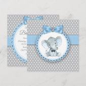 Jongens Blauw Grijs Olifant Baby Douche Uitnodigin Kaart (Voorkant / Achterkant)