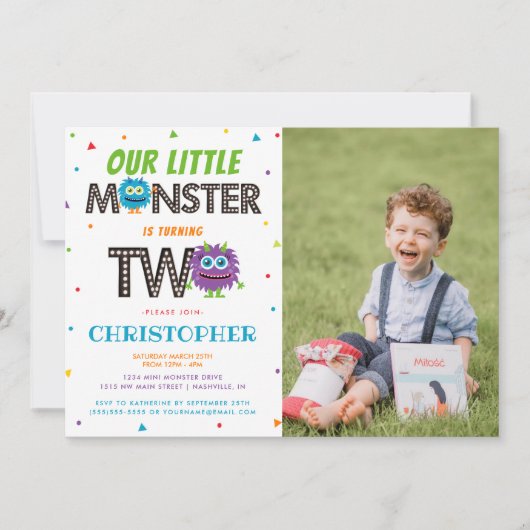 Jongens Blauw Monster Tweede Verjaardagsfeestje Kaart (Voorkant)