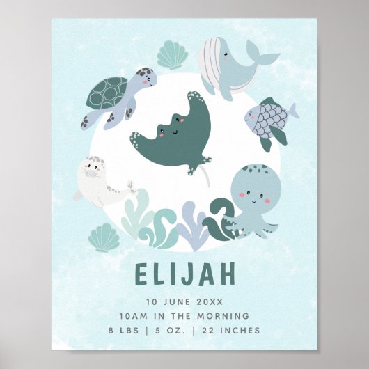 Jongens blauw onder het Zee geboorte Stats Nursery Poster (Voorkant)