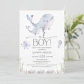 Jongens Blauw Onder Zee Walvis Kalf Baby shower Kaart (Staand voorkant)