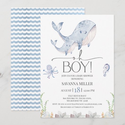 Jongens Blauw Onder Zee Walvis Kalf Baby shower Kaart (Voorkant / Achterkant)